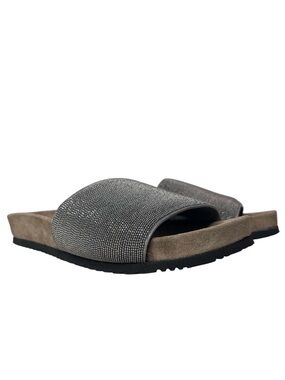 NIB Brunello Cucinelli Precious Monili Suede Slide Sandal Silver/Tan